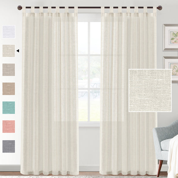 Light beige linen-look tab top curtains hanging on a dark rod, with a fabric swatch and color options.