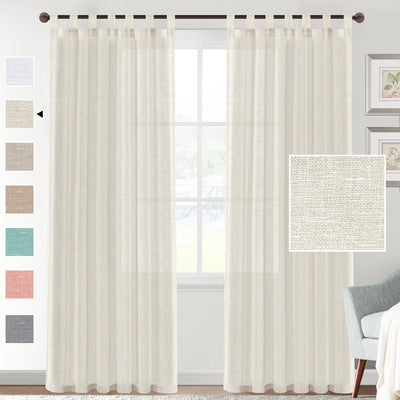 Light beige linen-look tab top curtains hanging on a dark rod, with a fabric swatch and color options.
