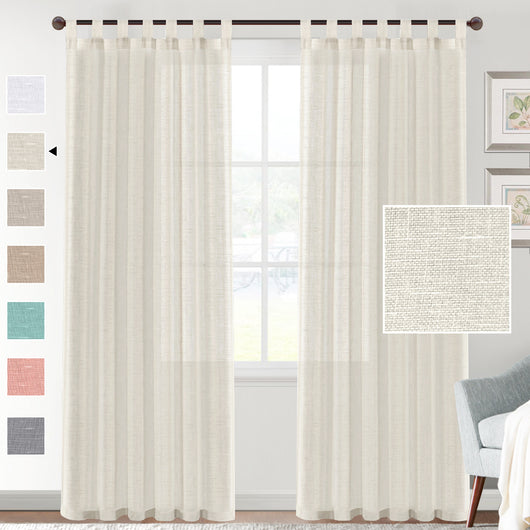 Light beige linen-look tab top curtains hanging on a dark rod, with a fabric swatch and color options.