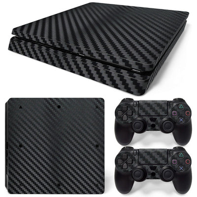 Pink carbon fiber patterned stickers for a PS4 Slim console and two controllers, showing a woven texture. - Image 7