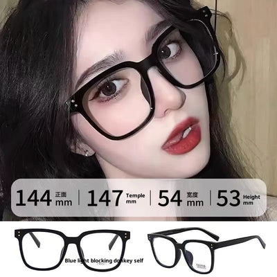 Full-frame trendy blue light blocking glasses with a transparent blue square frame and clear lenses. - Image 15