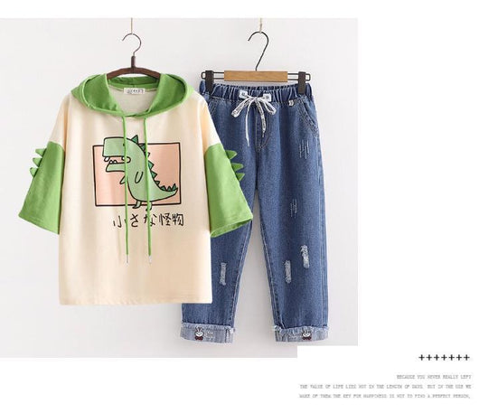 Conjunto Casual de Dos Piezas: Sudadera con Capucha y Pantalón Denim Cropped - Image 9