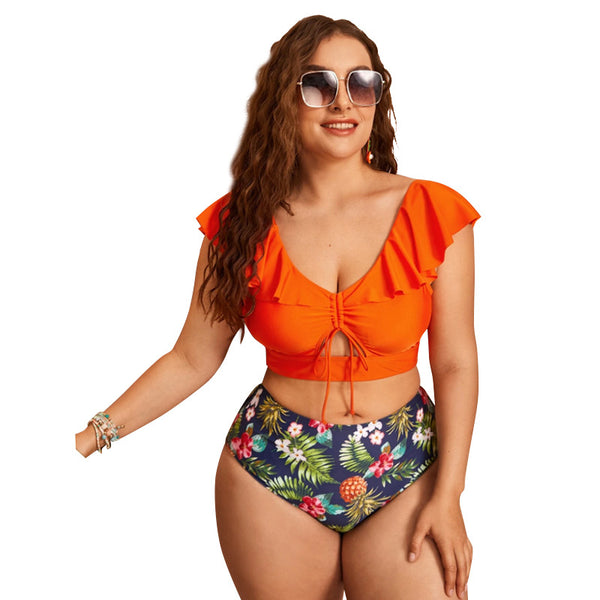 Traje de Baño Estampado con Cintura Alta, Volantes y Abertura Lateral