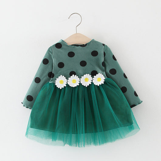 Vestido Princesa Niña Manga Larga con Lunares y Malla Floral - Image 7
