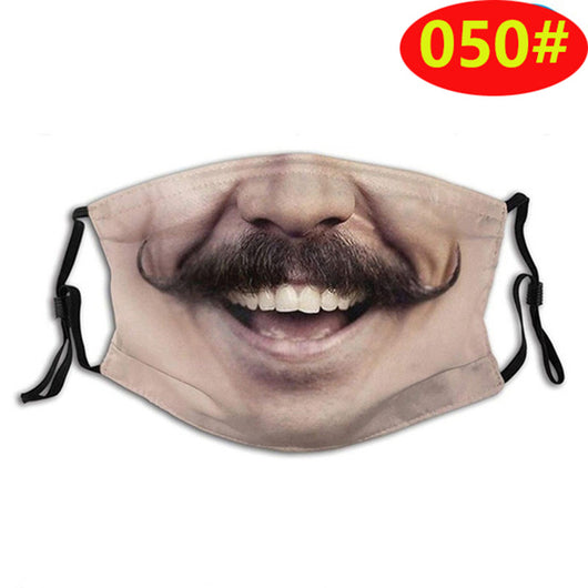 Novelty face mask with a realistic print of a smiling man's lower face and a prominent brown mustache. - Image 29