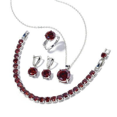 Four-piece jewelry set with silver-toned metal and round deep pink gemstones, including a necklace, bracelet, ring, and earrings. - Image 13