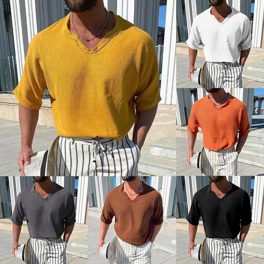 Camiseta Hombre V-Escote Algodón Lino Colores Sólidos Manga Corta
