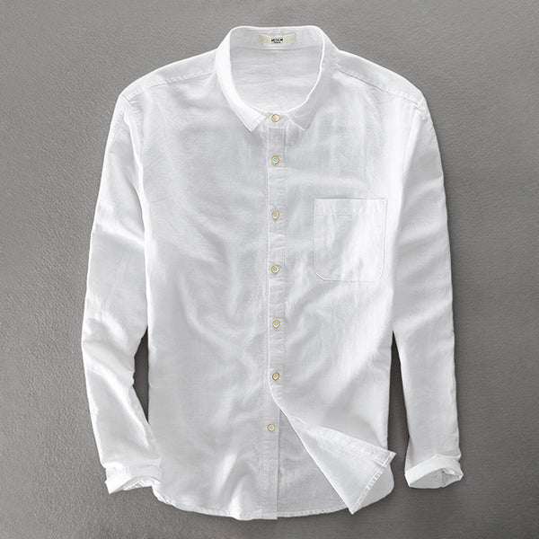Camisa de Lino y Algodón para Hombre - Manga Larga Color Sólido - Image 4