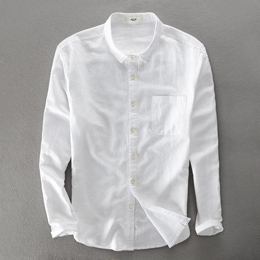 Camisa de Lino y Algodón para Hombre - Manga Larga Color Sólido - Image 4