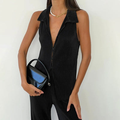 Conjunto Elegante: Blusa sin Mangas y Pantalón Plisado de Cintura Alta - Image 13