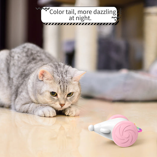 White and blue interactive cat toy shaped like a mouse with large wheels and a colorful, luminous tail. - Image 18