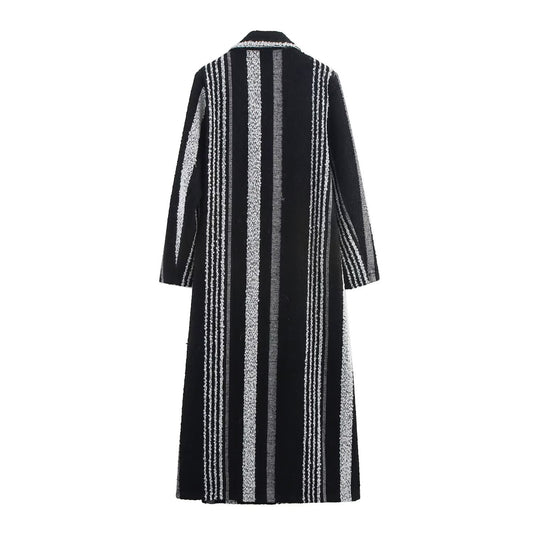 Abrigo de Lana a Rayas Blanco y Negro Estilo Francés Elegante para Mujer - Image 2
