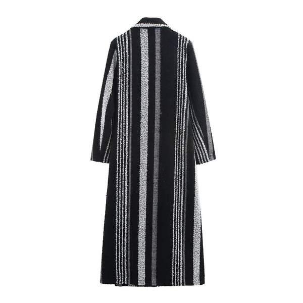 Abrigo de Lana a Rayas Blanco y Negro Estilo Francés Elegante para Mujer