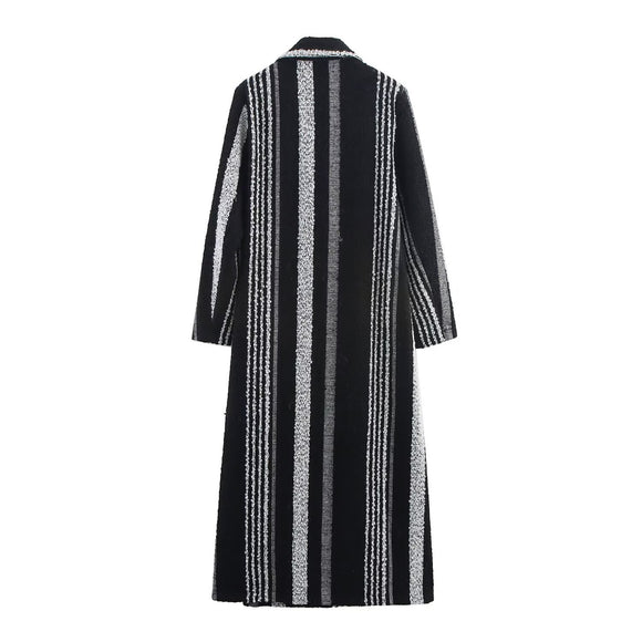 Abrigo de Lana a Rayas Blanco y Negro Estilo Francés Elegante para Mujer
