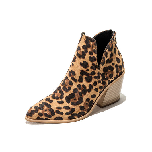 Botas Cortas Leopardo Mujer Tacón Alto Grueso Punta Fina - Image 17