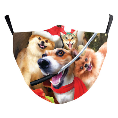 White Christmas dust mask with a digital print of a tabby cat wearing a red Santa hat and a large red bow. - Image 15