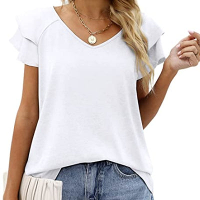 Blusa Cuello V Doble Capa Hoja de Loto Manga Corta para Dama - Image 3