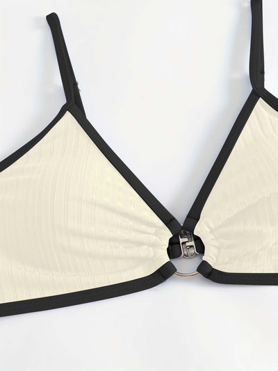 Women's dark blue ribbed two-piece swimsuit with light blue trim, triangle top, and high-cut bikini bottom. - Image 13