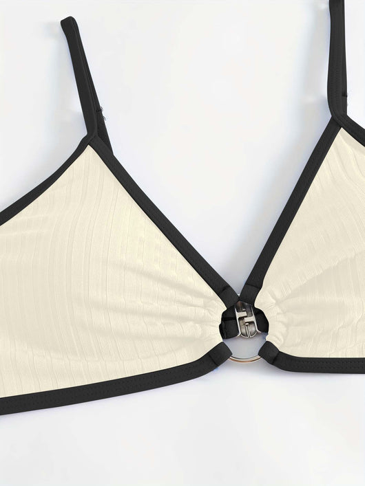 Women's dark blue ribbed two-piece swimsuit with light blue trim, triangle top, and high-cut bikini bottom. - Image 13