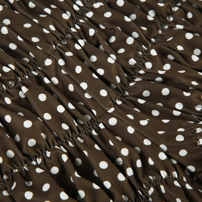 Dark brown polka dot halter bikini top with matching shirred high-waisted shorts for women. - Image 36