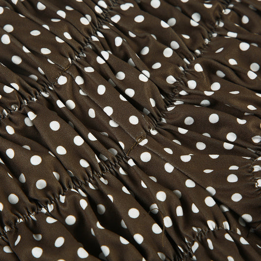 Dark brown polka dot halter bikini top with matching shirred high-waisted shorts for women. - Image 36