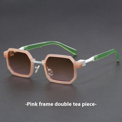 Retro polygon sunglasses for women with a leopard print frame and blue-tinted lenses. - Image 16