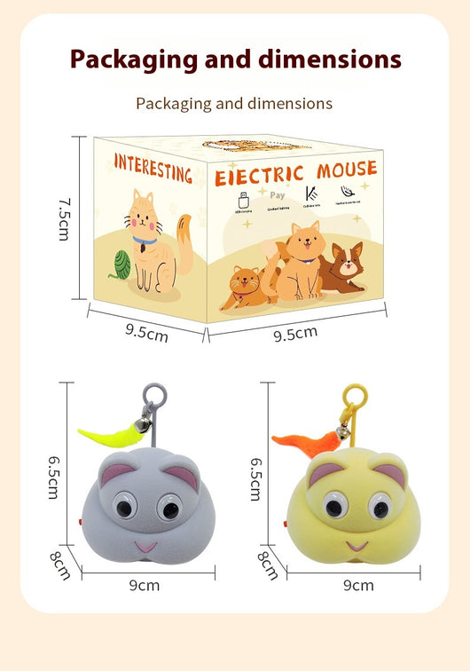 Gray pet toy shaped like a mouse or cat head with googly eyes, pink ears, and a yellow feather with a bell. - Image 16