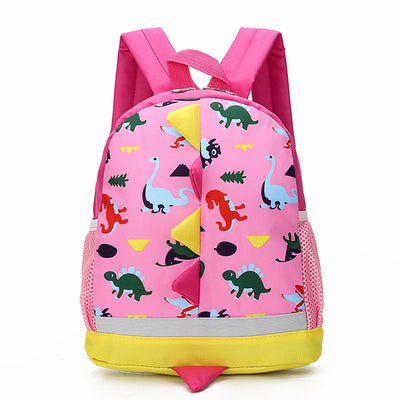 Pink children's backpack with colorful cartoon dinosaurs, yellow base, reflective strip, and mesh side pockets. - Image 13