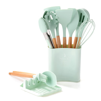 Juego de Utensilios de Cocina con Mango de Madera y Cubo de Almacenamiento - Image 2