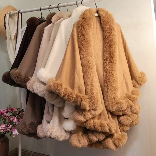 Capa Tejida Gruesa con Cuello de Pelaje para Otoño-Invierno