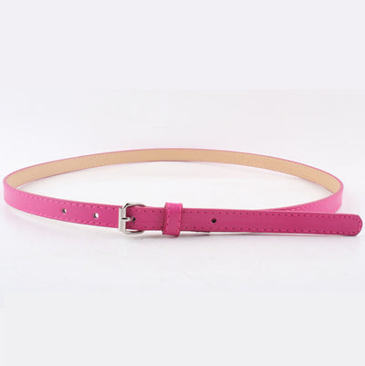 Thin brown imitation leather belt with a small silver D-shaped pin buckle, displayed on a white background. - Image 12