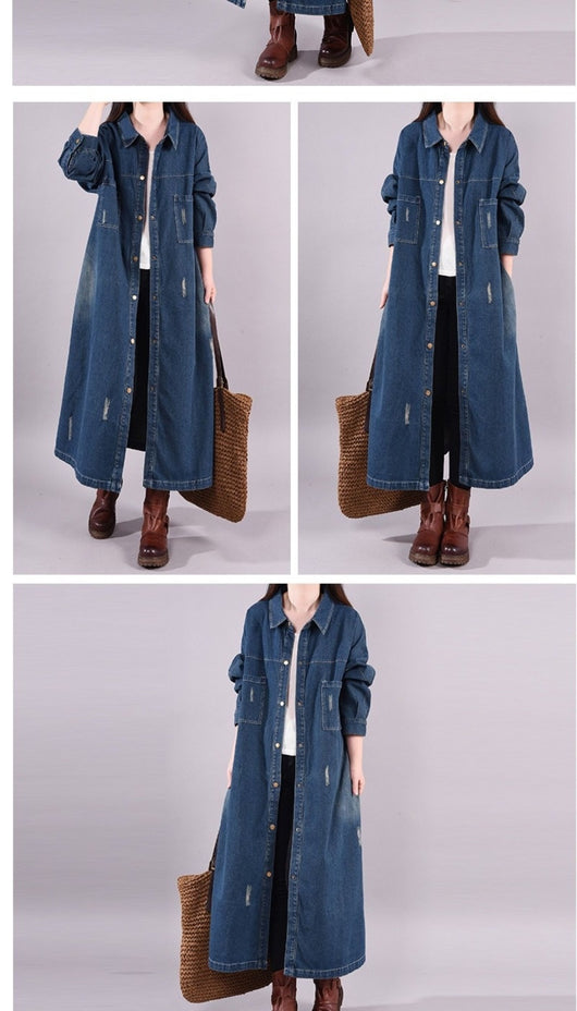 Abrigo Denim Tipo Trench Suelto Retro Desgastado Largo Medio - Image 12