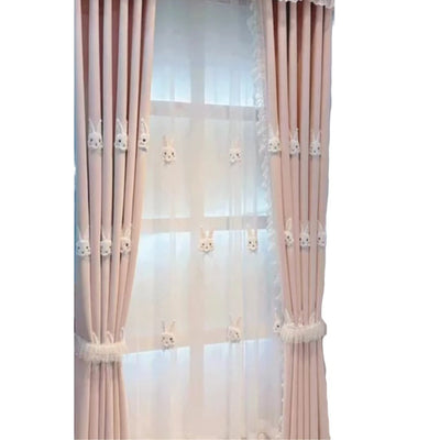 Pink curtains with white plush rabbit appliques, paired with a sheer white inner curtain also featuring rabbit designs. - Image 5