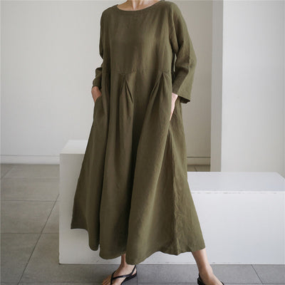 Vestido Lino Suelto Talla Grande - Blusa Larga Estilo Estudiante Cuello Redondo - Image 18