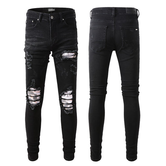 Jeans Slim Rotos con Parches Elásticos de Moda Urbana