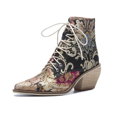 Botas Cortas Étnicas Bordadas con Tacón Grueso y Cordón Frontal - Image 10