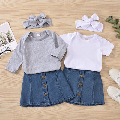Conjunto de 3 Piezas: Enterizo de Algodón Puro con Falda Denim y Pañoleta - Image 20