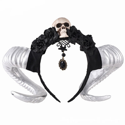Diadema de Flores Negras con Velo, Calavera y Cuernos de Carnero - Image 3
