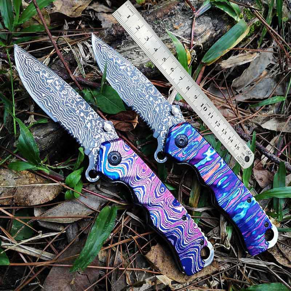 Cuchillo Plegable de Acero Inoxidable con Hoja Damasco para Exterior