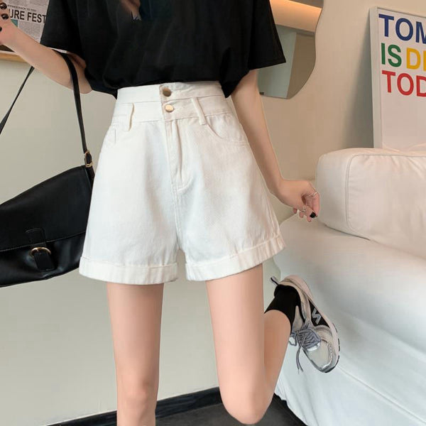Shorts de Mezclilla de Cintura Alta con Botones, Corte Ancho y Detalle Ondulado