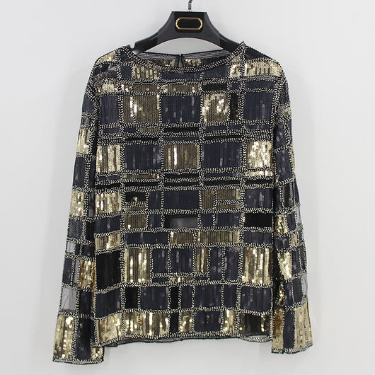 Blusa Cuadriculada de Trabajo con Detalles de Encaje y Perlas - Image 9