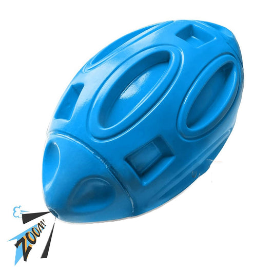 Green rubber rugby-shaped dog toy with textured surface and cut-outs, designed for chewing and play. - Image 9