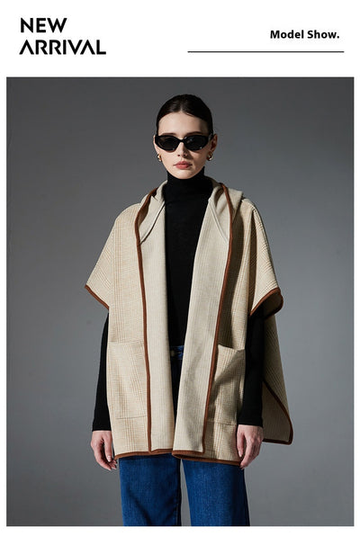 Poncho Chal Cuadrillé Reversible de Lana Doble Faz con Capucha - Image 7
