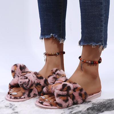 Pantuflas Abiertas con Estampado de Leopardo y Pelaje Suave
