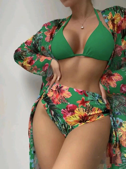 Three-piece bikini set with a solid green halter top, high-waisted tropical floral print bottoms, and matching mesh blouse. - Image 5