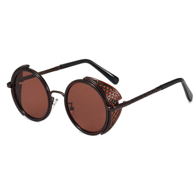 Round gold-framed sunglasses with light blue lenses and decorative side shields, featuring black temple tips. - Image 8