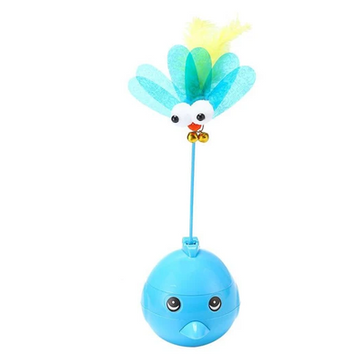 Purple electric tumbler cat toy with a blue bird-like top, pink feathers, googly eyes, and small bells. - Image 9