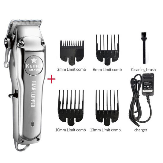 Silver rechargeable hair clipper with EU plug charger, cleaning brush, and four black guide combs on a white background.
