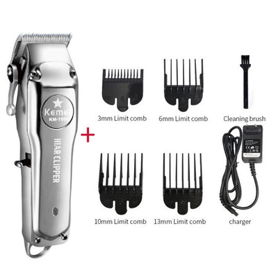 Silver rechargeable hair clipper with EU plug charger, cleaning brush, and four black guide combs on a white background.