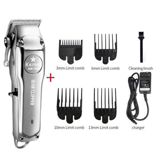 Silver rechargeable hair clipper with EU plug charger, cleaning brush, and four black guide combs on a white background.